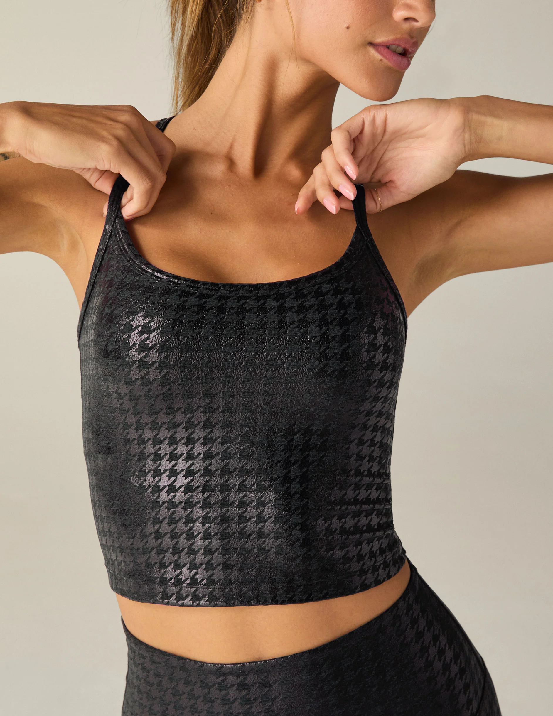 Houndstooth Black Slim Racerback High Cropped Tank - Onhollan